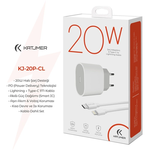 KATJMER KJ-20P-CL PD 20W ŞARJ ADAPTÖRÜ VE TYPE-C TO LİGHTNİNG KABLO - Görsel 2
