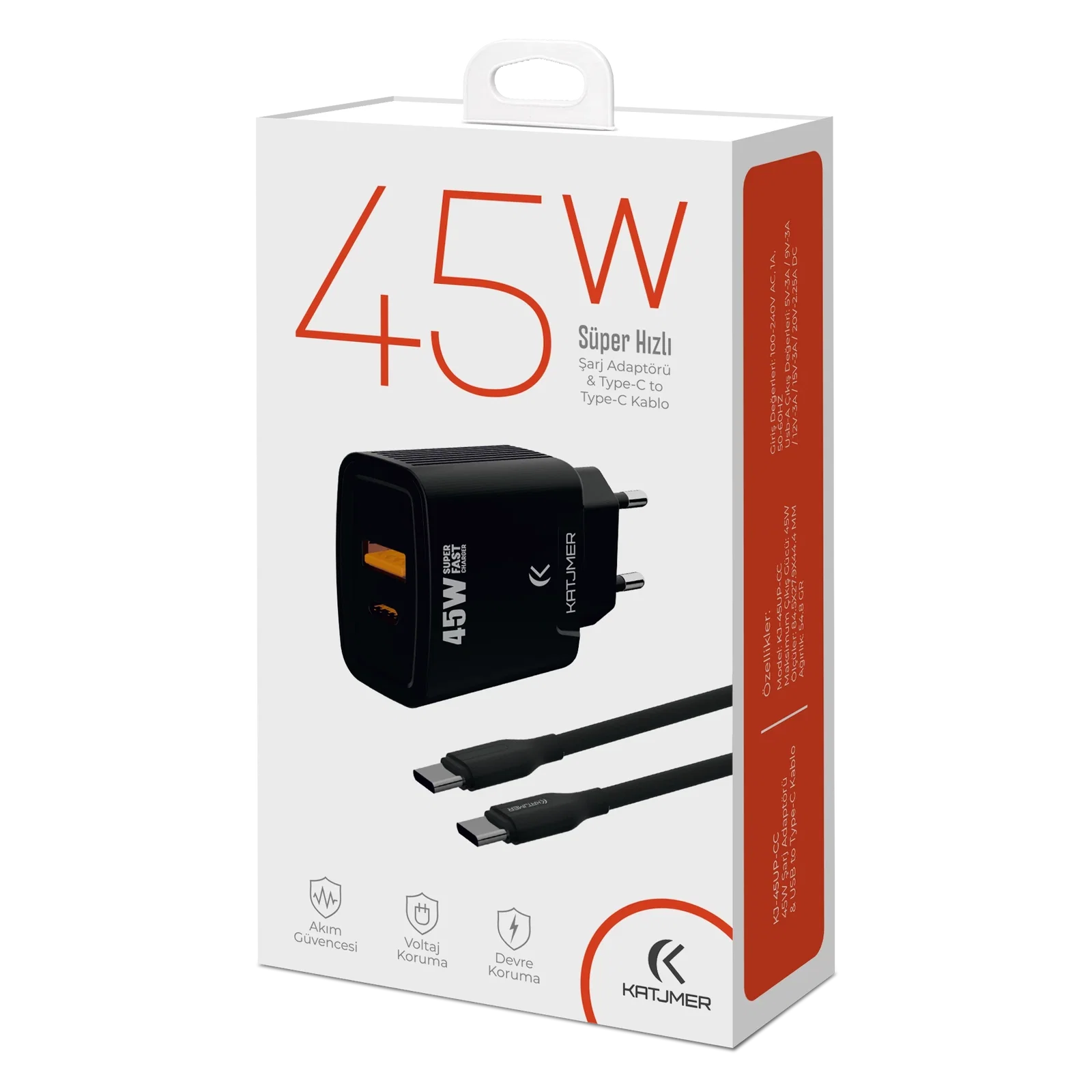 KATJMER KJ-45UP-CC USB-PD 45W ŞARJ ADAPTÖRÜ VE TYPE-C TO TYPE-C KABLO - Görsel 4
