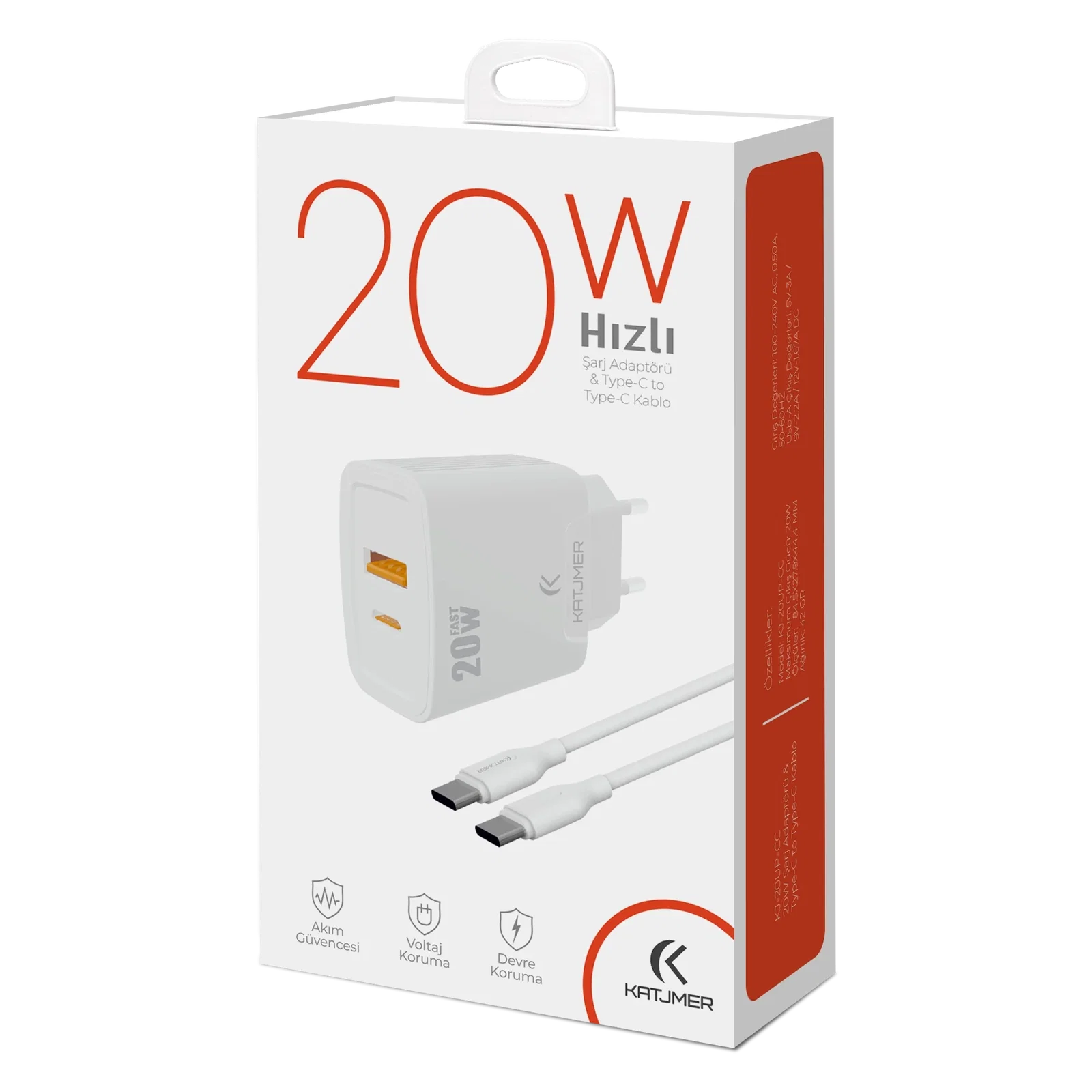 KATJMER KJ-20UP-CC USB-PD 20W ŞARJ ADAPTÖRÜ VE TYPE-C TO TYPE-C KABLO - Görsel 4