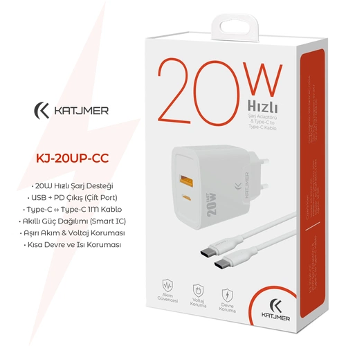KATJMER KJ-20UP-CC USB-PD 20W ŞARJ ADAPTÖRÜ VE TYPE-C TO TYPE-C KABLO - Görsel 2