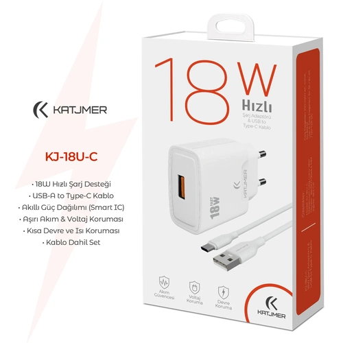 KATJMER KJ-18U-C USB'Lİ 18W ŞARJ ADAPTÖRÜ VE TYPE-C KABLO - Görsel 2