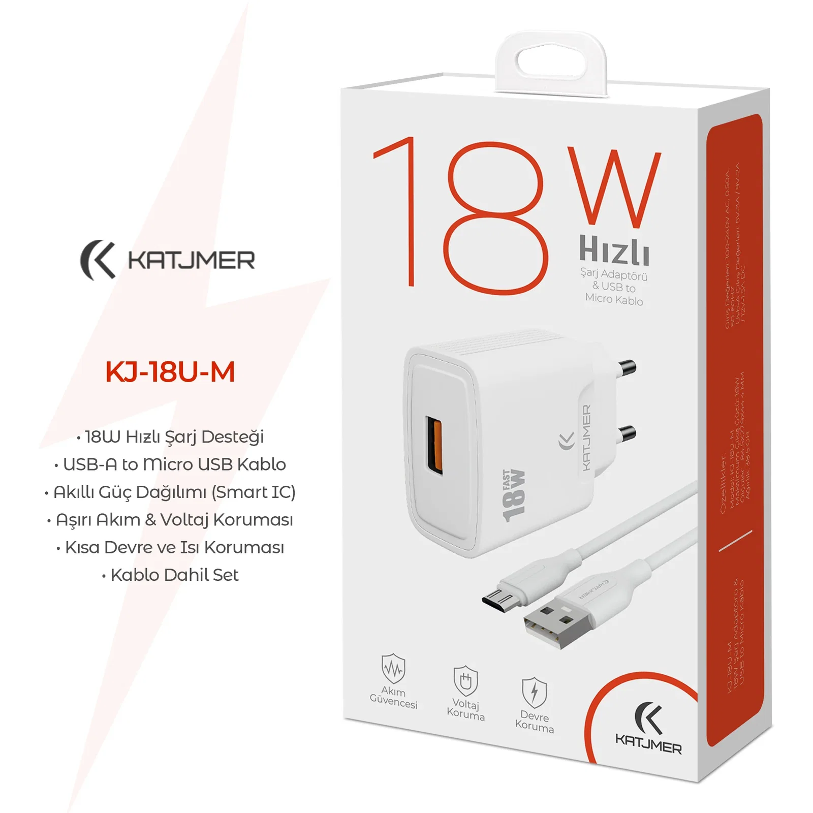 KATJMER KJ-18U-M USB'Lİ 18W ŞARJ ADAPTÖRÜ VE MİCRO USB KABLO - Görsel 2