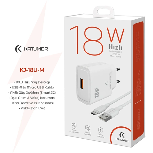 KATJMER KJ-18U-M USB'Lİ 18W ŞARJ ADAPTÖRÜ VE MİCRO USB KABLO - Görsel 2