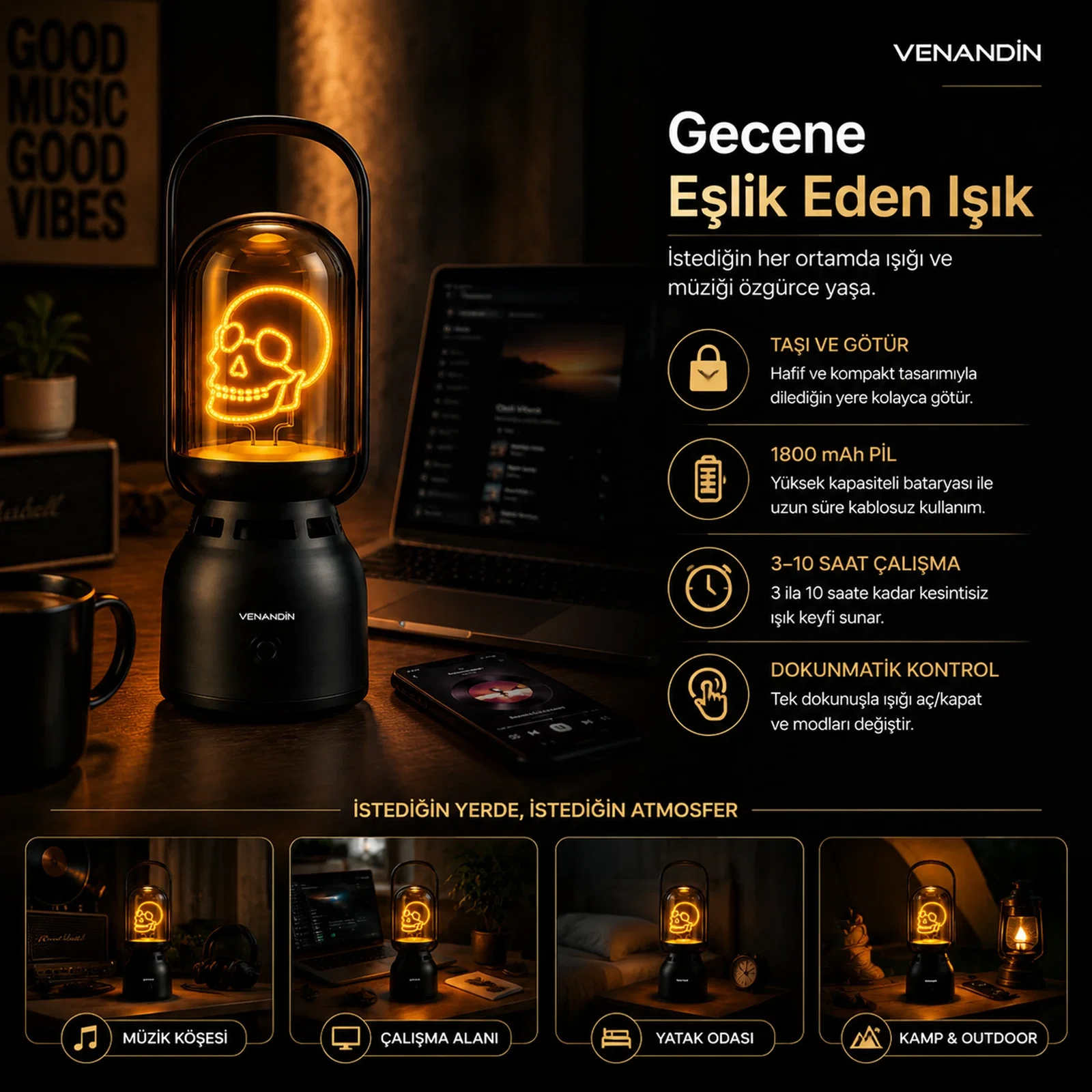 VENANDİN Z15-K LUMİA-K Bluetooth Hoparlörlü LED Gece Lambası 5W, 1800K Sıcak Işık, 160 Lümen, TWS - SİYAH - Görsel 3
