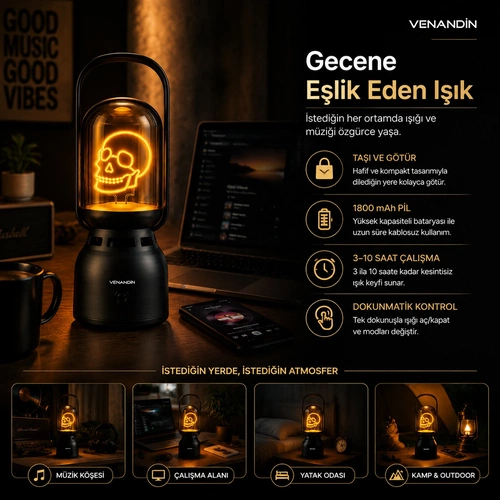 VENANDİN Z15-K LUMİA-K Bluetooth Hoparlörlü LED Gece Lambası 5W, 1800K Sıcak Işık, 160 Lümen, TWS - SİYAH - Görsel 3
