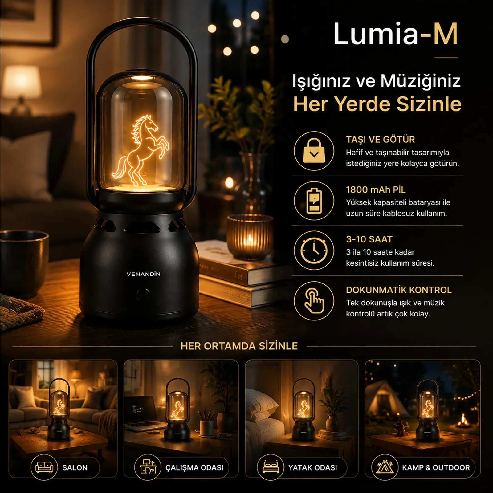 VENANDİN Z15-M LUMİA-M Bluetooth Hoparlörlü LED Gece Lambası 5W, 1800K Sıcak Işık, 60 Lümen, TWS - SİYAH - Görsel 3