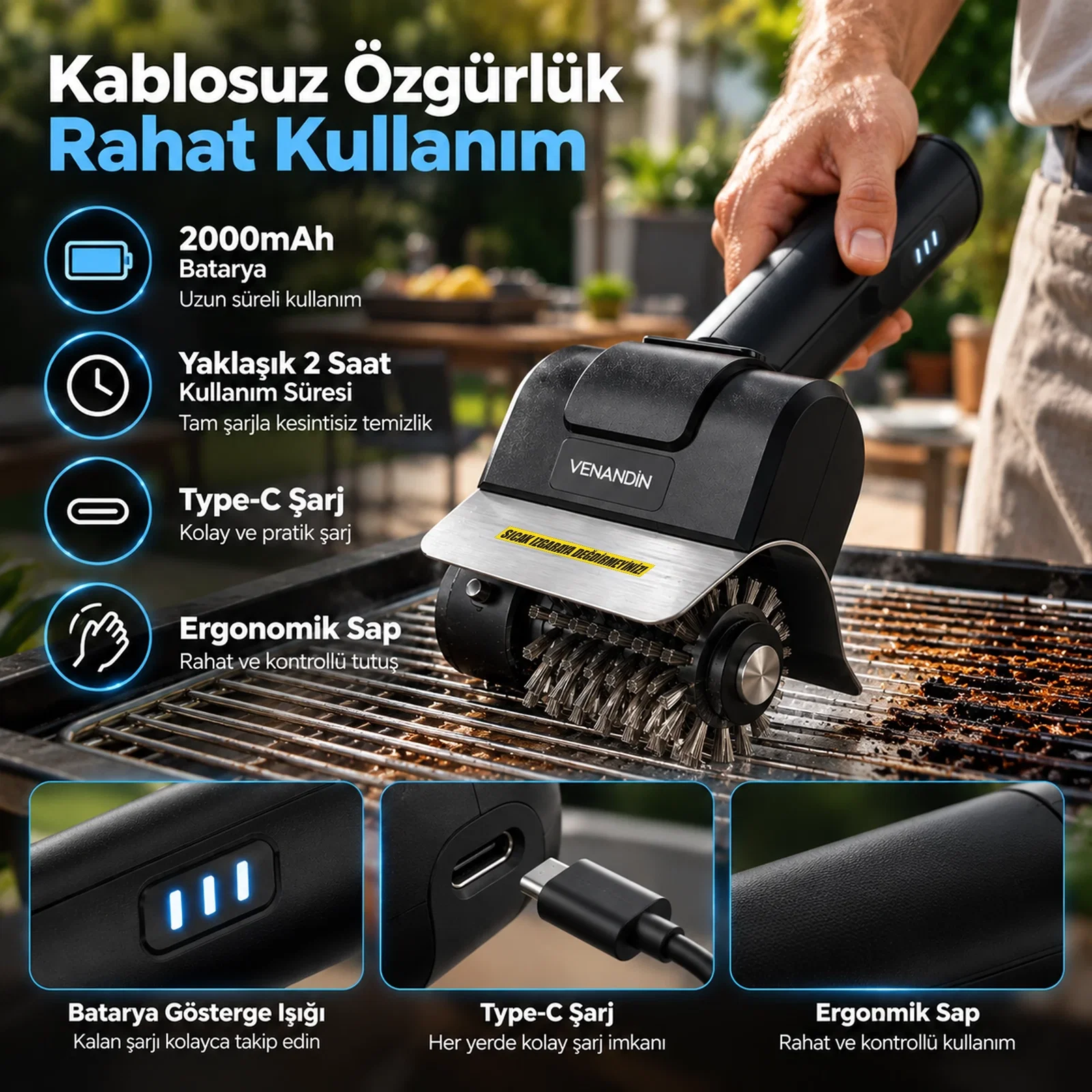 VENANDİN RC-4BA GRİLLO ŞARJLI IZGARA TEMİZLEME ALETİ - Görsel 3