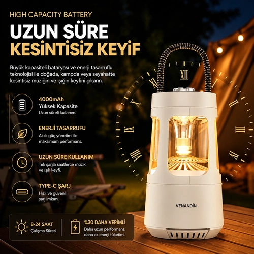VENANDİN QD08 CAMPORA Bluetooth Hoparlörlü LED Lamba 10W, 4000 mAh, 230 Lümen - BEYAZ - Görsel 4
