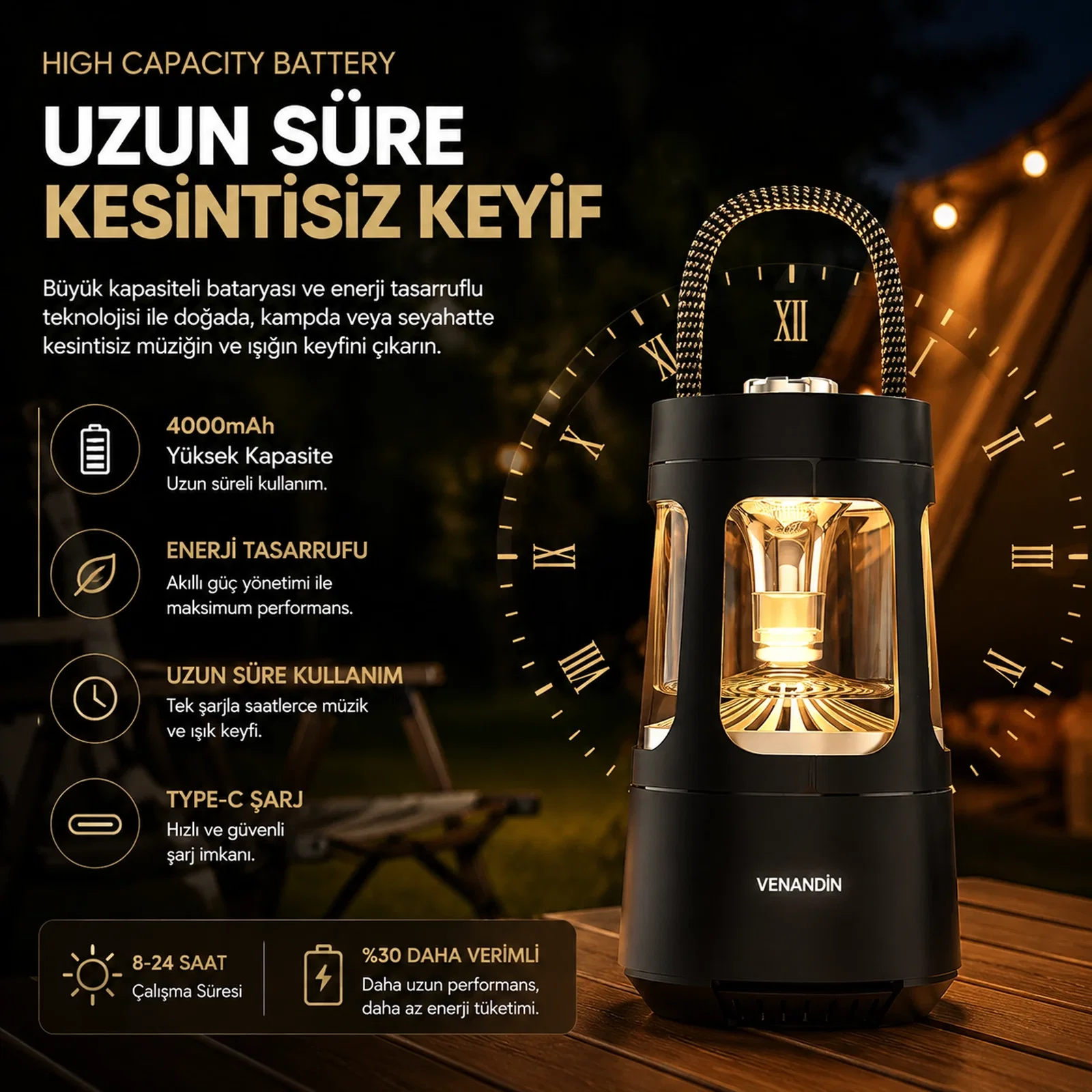 VENANDİN QD08 CAMPORA Bluetooth Hoparlörlü LED Lamba 10W, 4000 mAh, 230 Lümen - SİYAH - Görsel 4