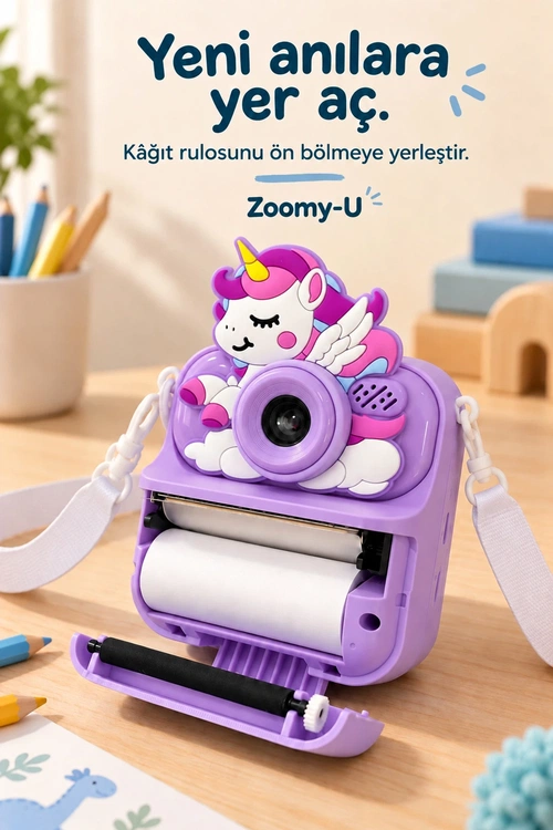 KATJMER KJ/ZM-004 ZOOMY-U UNİCORN FİGÜRLÜ ANINDA BASKILI ÇOCUK KAMERASI - MOR - Görsel 5