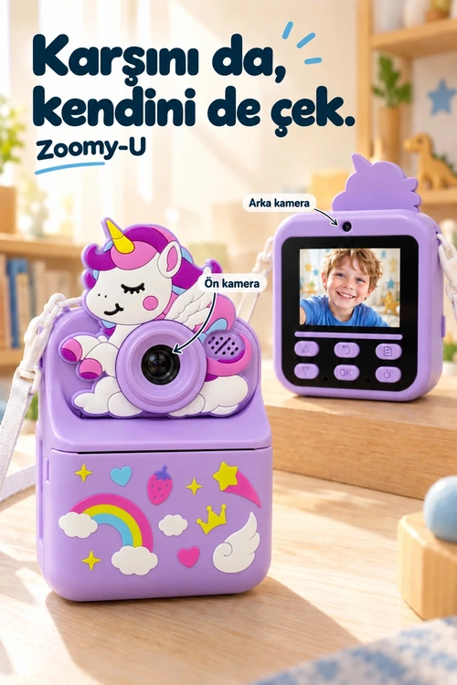 KATJMER KJ/ZM-004 ZOOMY-U UNİCORN FİGÜRLÜ ANINDA BASKILI ÇOCUK KAMERASI - MOR - Görsel 3