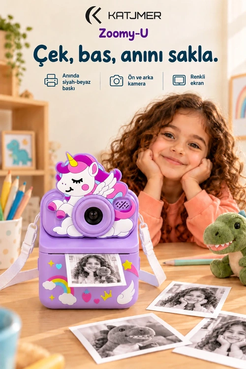 KATJMER KJ/ZM-004 ZOOMY-U UNİCORN FİGÜRLÜ ANINDA BASKILI ÇOCUK KAMERASI - MOR - Görsel 1