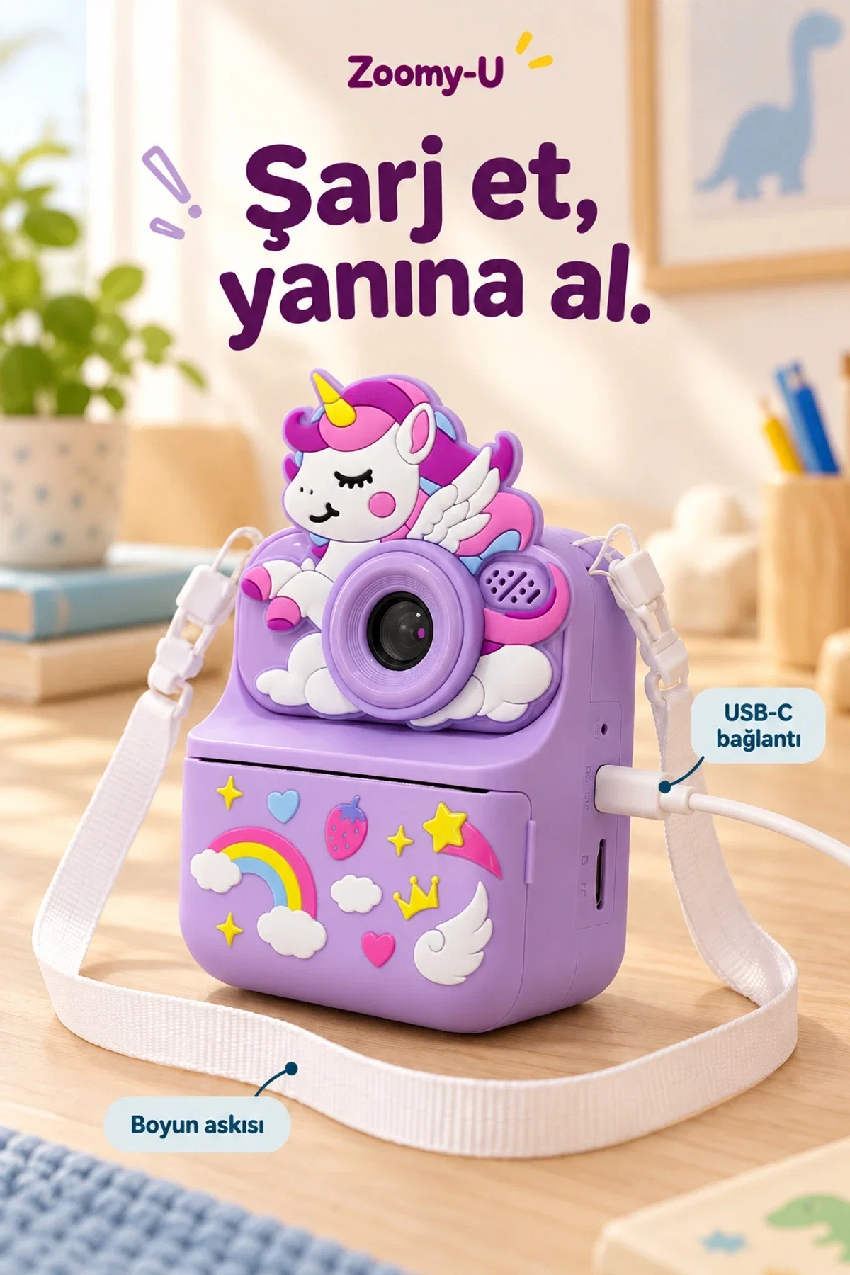 KATJMER KJ/ZM-004 ZOOMY-U UNİCORN FİGÜRLÜ ANINDA BASKILI ÇOCUK KAMERASI - MOR - Görsel 6