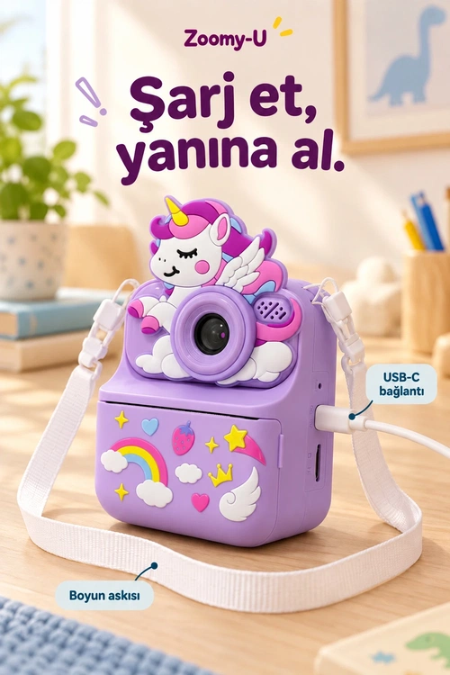 KATJMER KJ/ZM-004 ZOOMY-U UNİCORN FİGÜRLÜ ANINDA BASKILI ÇOCUK KAMERASI - MOR - Görsel 6
