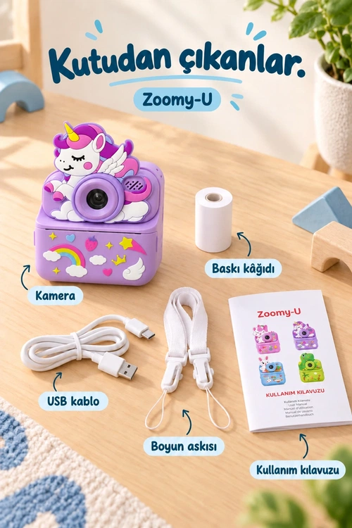 KATJMER KJ/ZM-004 ZOOMY-U UNİCORN FİGÜRLÜ ANINDA BASKILI ÇOCUK KAMERASI - MOR - Görsel 7