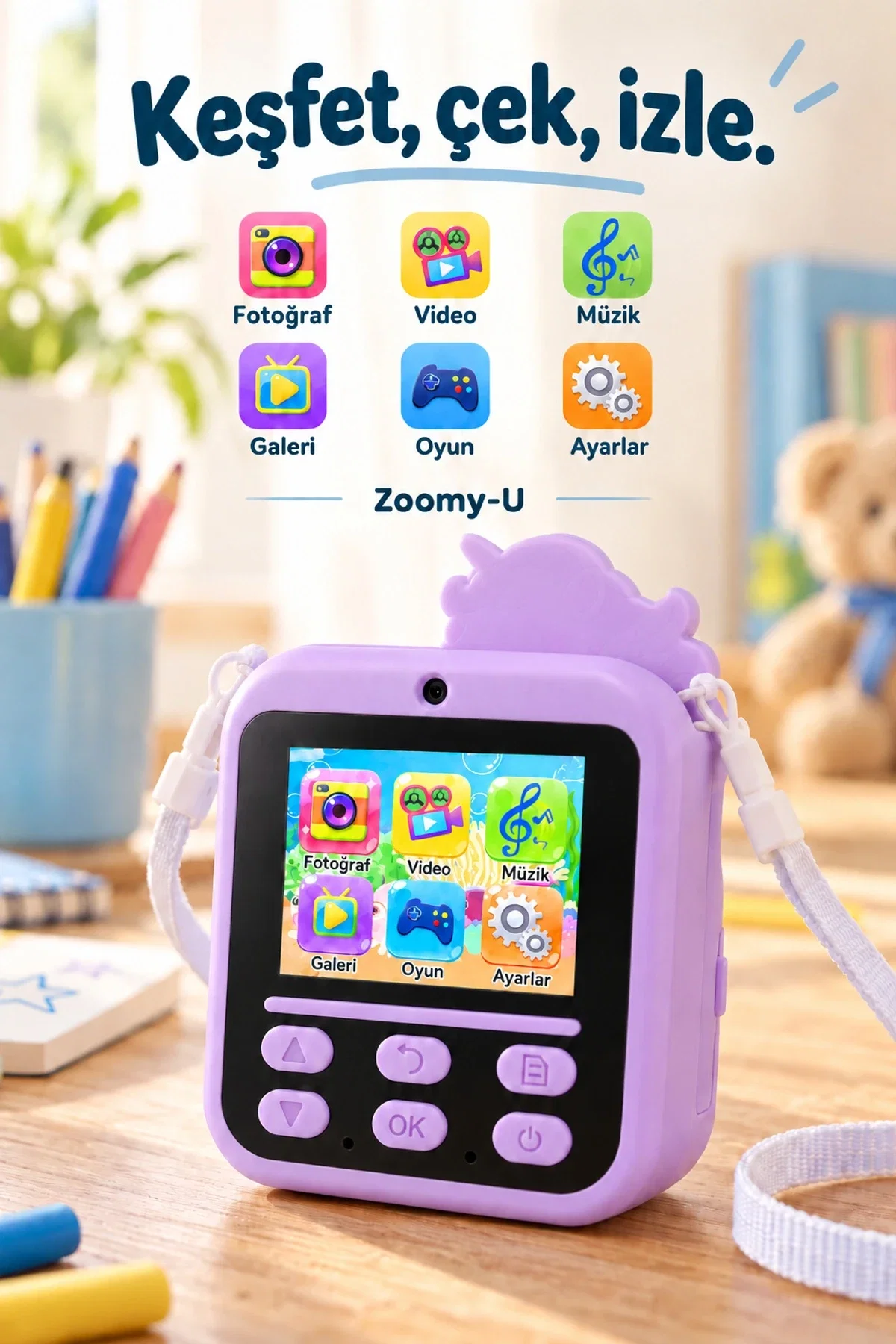 KATJMER KJ/ZM-004 ZOOMY-U UNİCORN FİGÜRLÜ ANINDA BASKILI ÇOCUK KAMERASI - MOR - Görsel 4