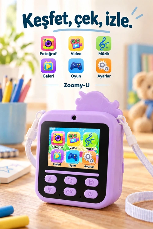 KATJMER KJ/ZM-004 ZOOMY-U UNİCORN FİGÜRLÜ ANINDA BASKILI ÇOCUK KAMERASI - MOR - Görsel 4