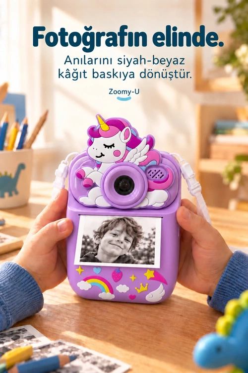 KATJMER KJ/ZM-004 ZOOMY-U UNİCORN FİGÜRLÜ ANINDA BASKILI ÇOCUK KAMERASI - MOR - Görsel 2
