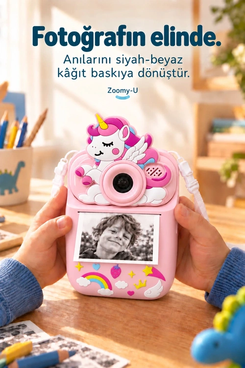 KATJMER KJ/ZM-004 ZOOMY-U UNİCORN FİGÜRLÜ ANINDA BASKILI ÇOCUK KAMERASI - PEMBE - Görsel 2
