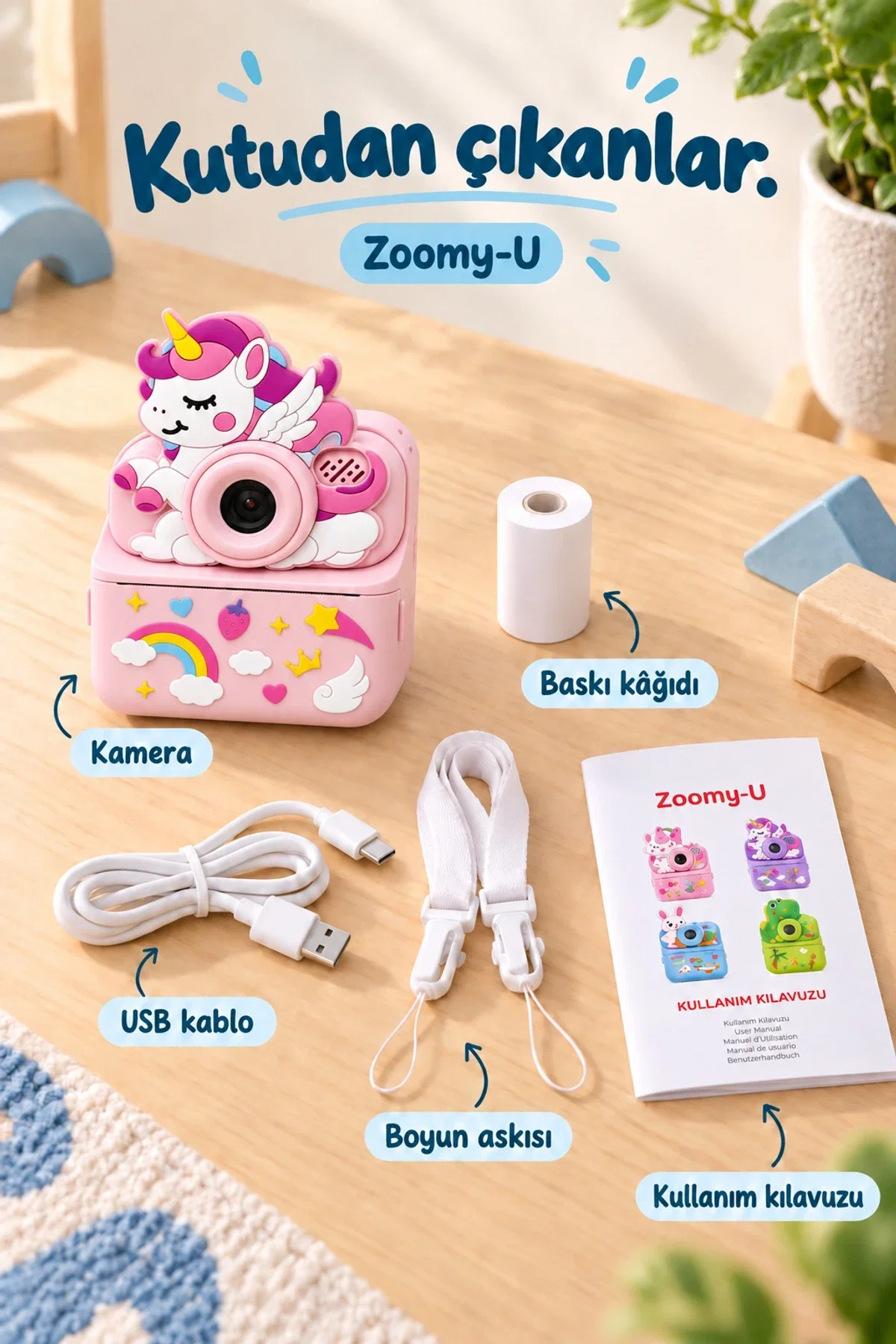 KATJMER KJ/ZM-004 ZOOMY-U UNİCORN FİGÜRLÜ ANINDA BASKILI ÇOCUK KAMERASI - PEMBE - Görsel 7