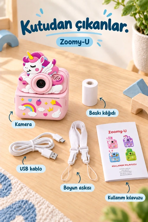 KATJMER KJ/ZM-004 ZOOMY-U UNİCORN FİGÜRLÜ ANINDA BASKILI ÇOCUK KAMERASI - PEMBE - Görsel 7