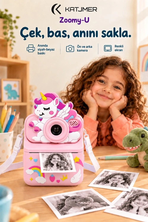 KATJMER KJ/ZM-004 ZOOMY-U UNİCORN FİGÜRLÜ ANINDA BASKILI ÇOCUK KAMERASI - PEMBE - Görsel 1