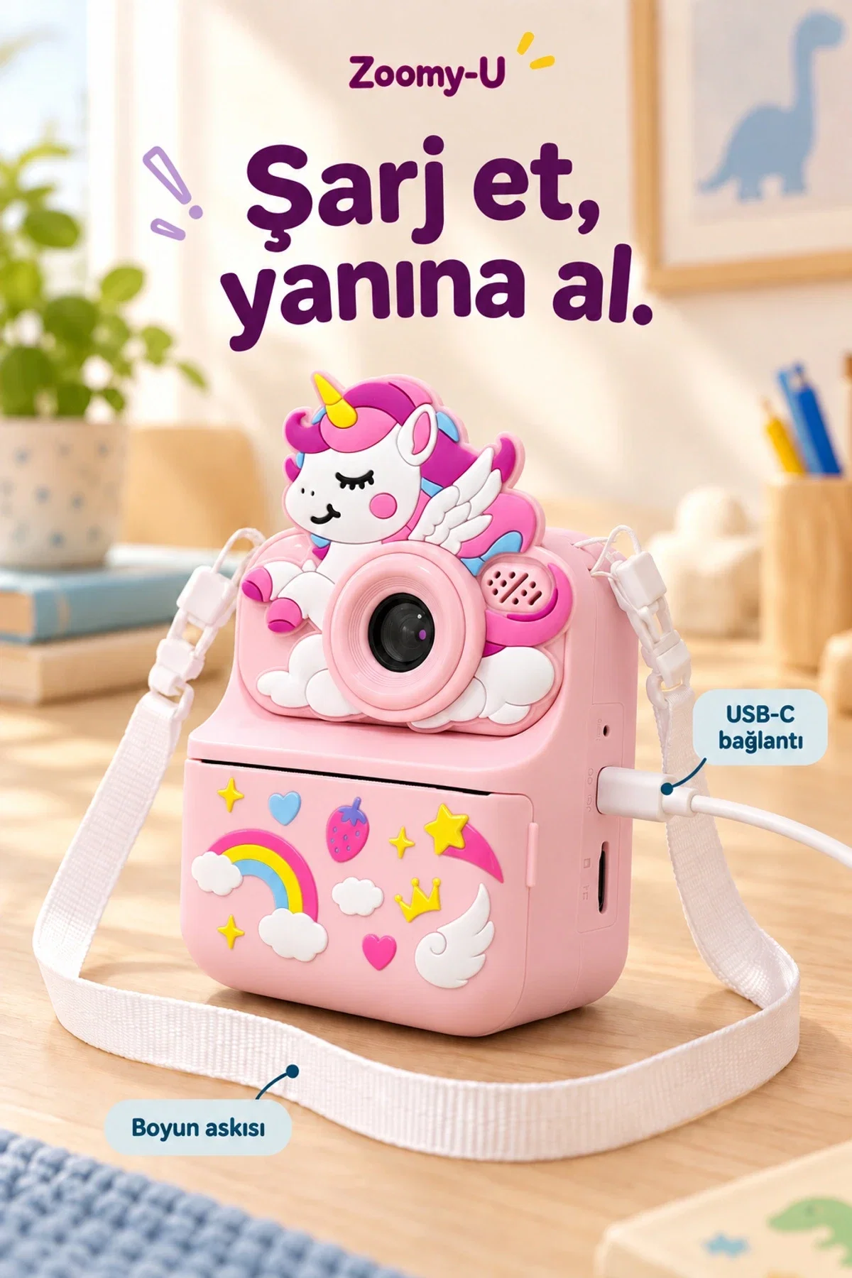 KATJMER KJ/ZM-004 ZOOMY-U UNİCORN FİGÜRLÜ ANINDA BASKILI ÇOCUK KAMERASI - PEMBE - Görsel 6