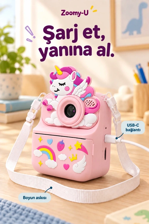 KATJMER KJ/ZM-004 ZOOMY-U UNİCORN FİGÜRLÜ ANINDA BASKILI ÇOCUK KAMERASI - PEMBE - Görsel 6