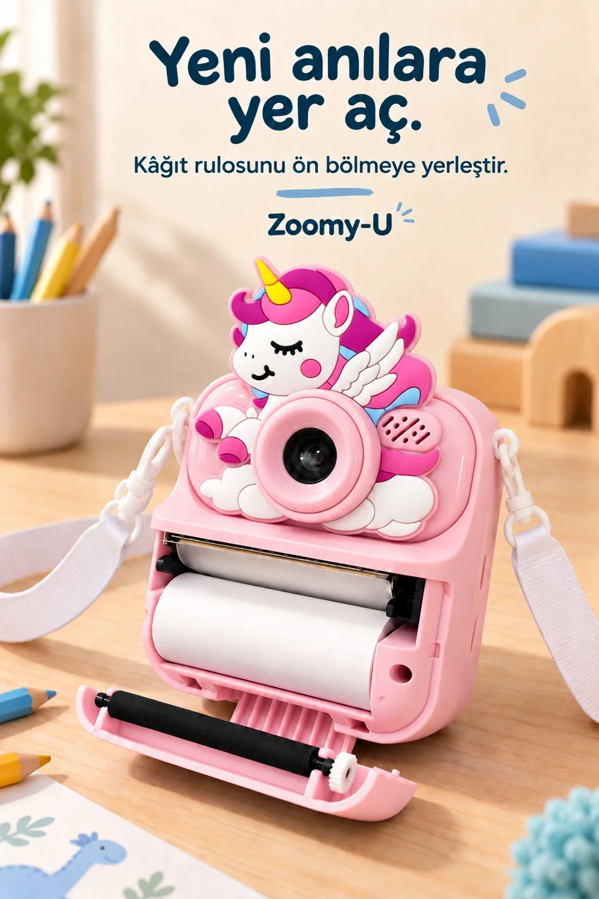 KATJMER KJ/ZM-004 ZOOMY-U UNİCORN FİGÜRLÜ ANINDA BASKILI ÇOCUK KAMERASI - PEMBE - Görsel 5