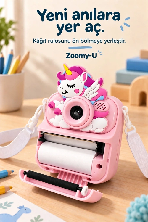 KATJMER KJ/ZM-004 ZOOMY-U UNİCORN FİGÜRLÜ ANINDA BASKILI ÇOCUK KAMERASI - PEMBE - Görsel 5