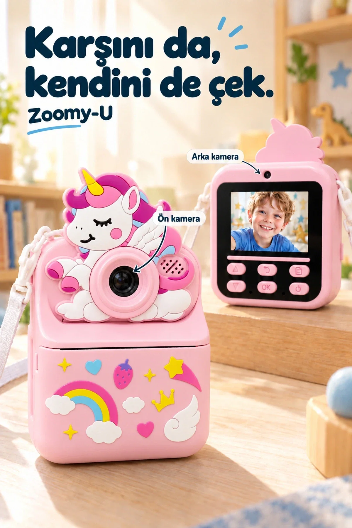 KATJMER KJ/ZM-004 ZOOMY-U UNİCORN FİGÜRLÜ ANINDA BASKILI ÇOCUK KAMERASI - PEMBE - Görsel 3