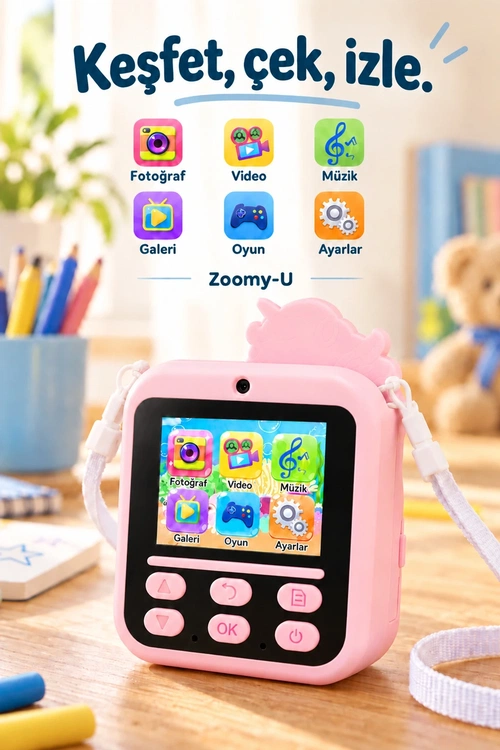 KATJMER KJ/ZM-004 ZOOMY-U UNİCORN FİGÜRLÜ ANINDA BASKILI ÇOCUK KAMERASI - PEMBE - Görsel 4