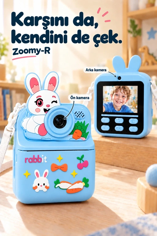 KATJMER KJ/ZM-003 ZOOMY-R TAVŞAN FİGÜRLÜ ANINDA BASKILI ÇOCUK KAMERASI - MAVİ - Görsel 3