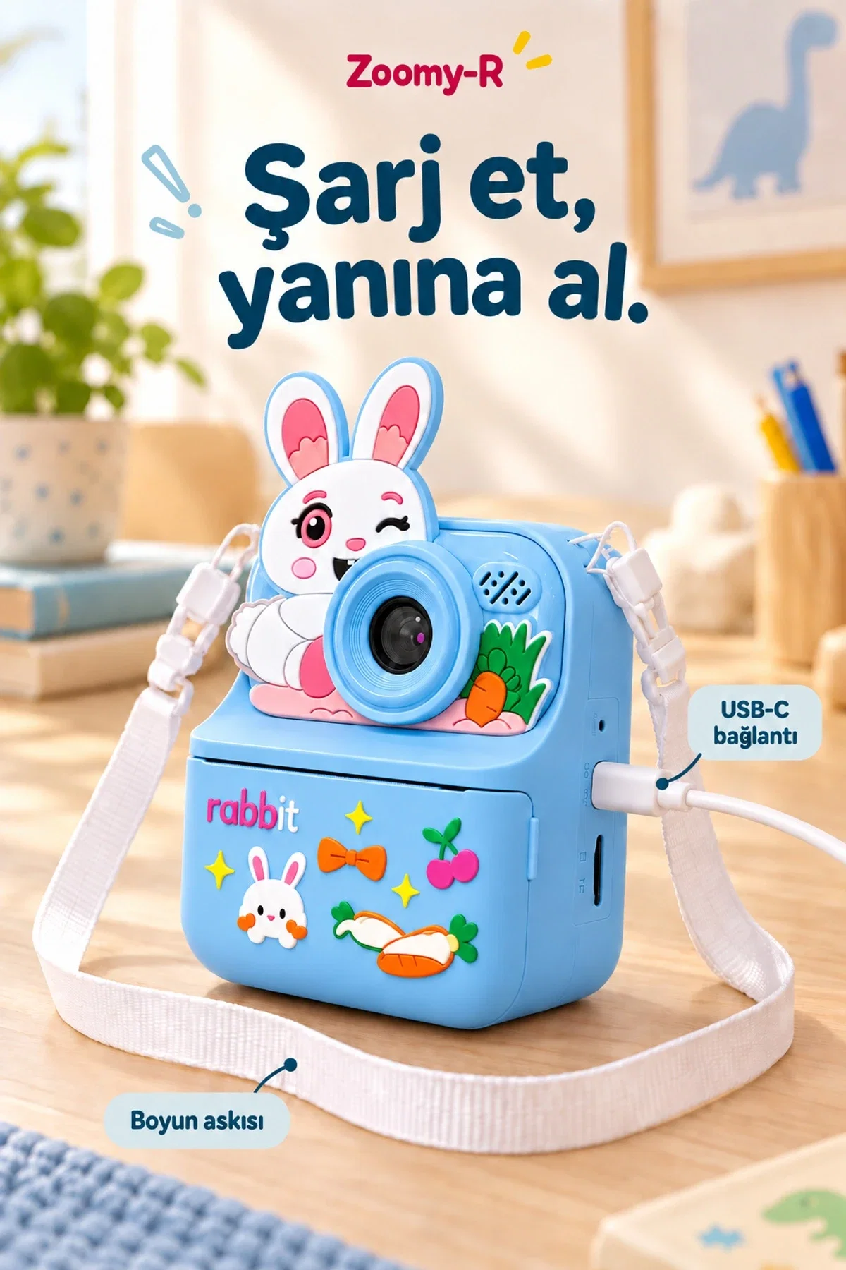 KATJMER KJ/ZM-003 ZOOMY-R TAVŞAN FİGÜRLÜ ANINDA BASKILI ÇOCUK KAMERASI - MAVİ - Görsel 6