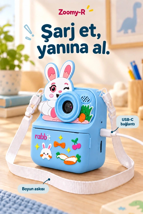 KATJMER KJ/ZM-003 ZOOMY-R TAVŞAN FİGÜRLÜ ANINDA BASKILI ÇOCUK KAMERASI - MAVİ - Görsel 6