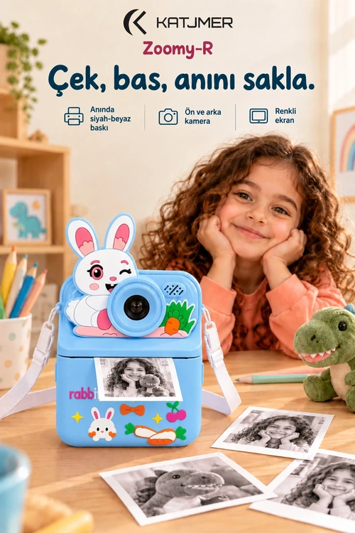 KATJMER KJ/ZM-003 ZOOMY-R TAVŞAN FİGÜRLÜ ANINDA BASKILI ÇOCUK KAMERASI - MAVİ - Görsel 1
