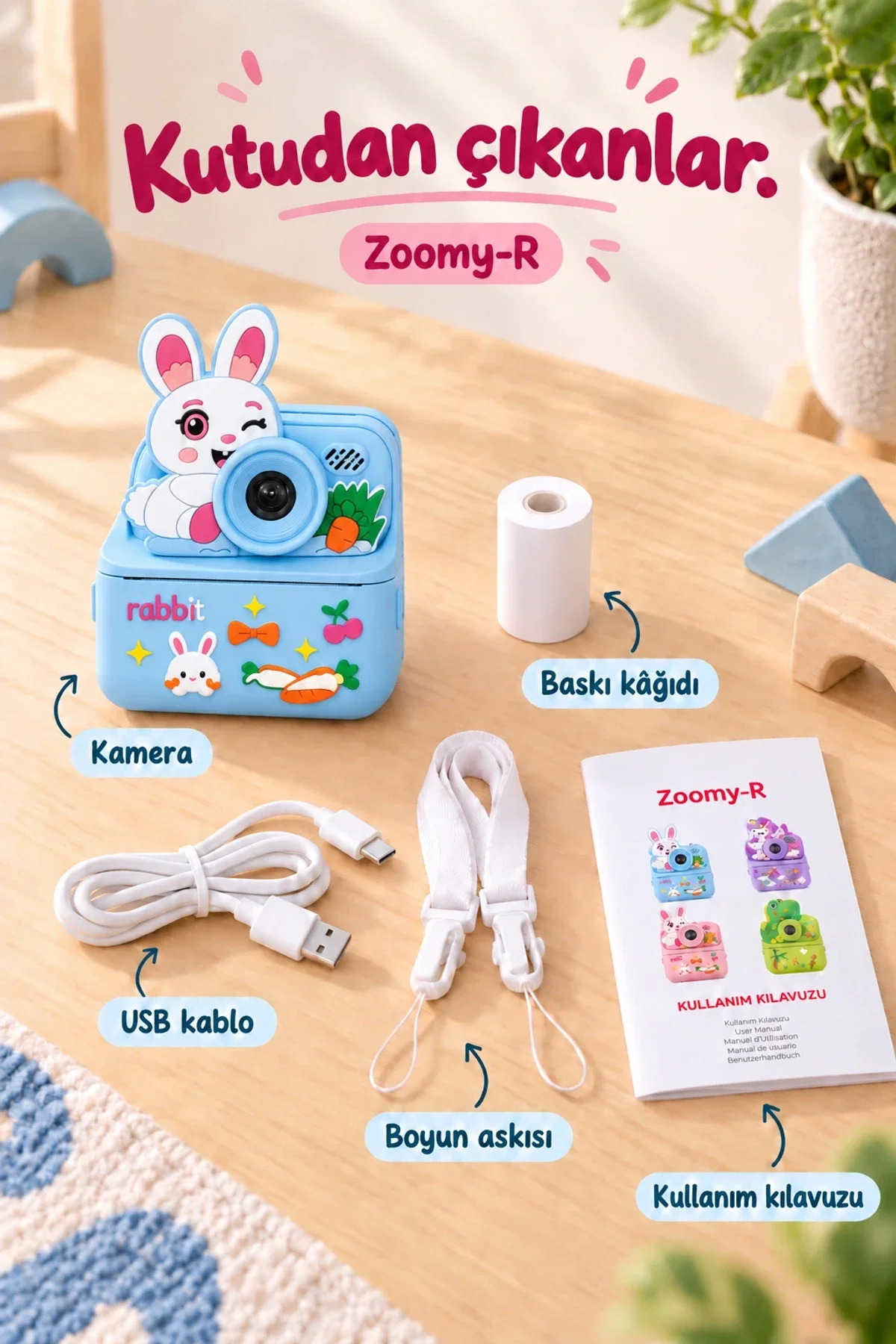 KATJMER KJ/ZM-003 ZOOMY-R TAVŞAN FİGÜRLÜ ANINDA BASKILI ÇOCUK KAMERASI - MAVİ - Görsel 7