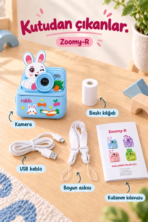 KATJMER KJ/ZM-003 ZOOMY-R TAVŞAN FİGÜRLÜ ANINDA BASKILI ÇOCUK KAMERASI - MAVİ - Görsel 7
