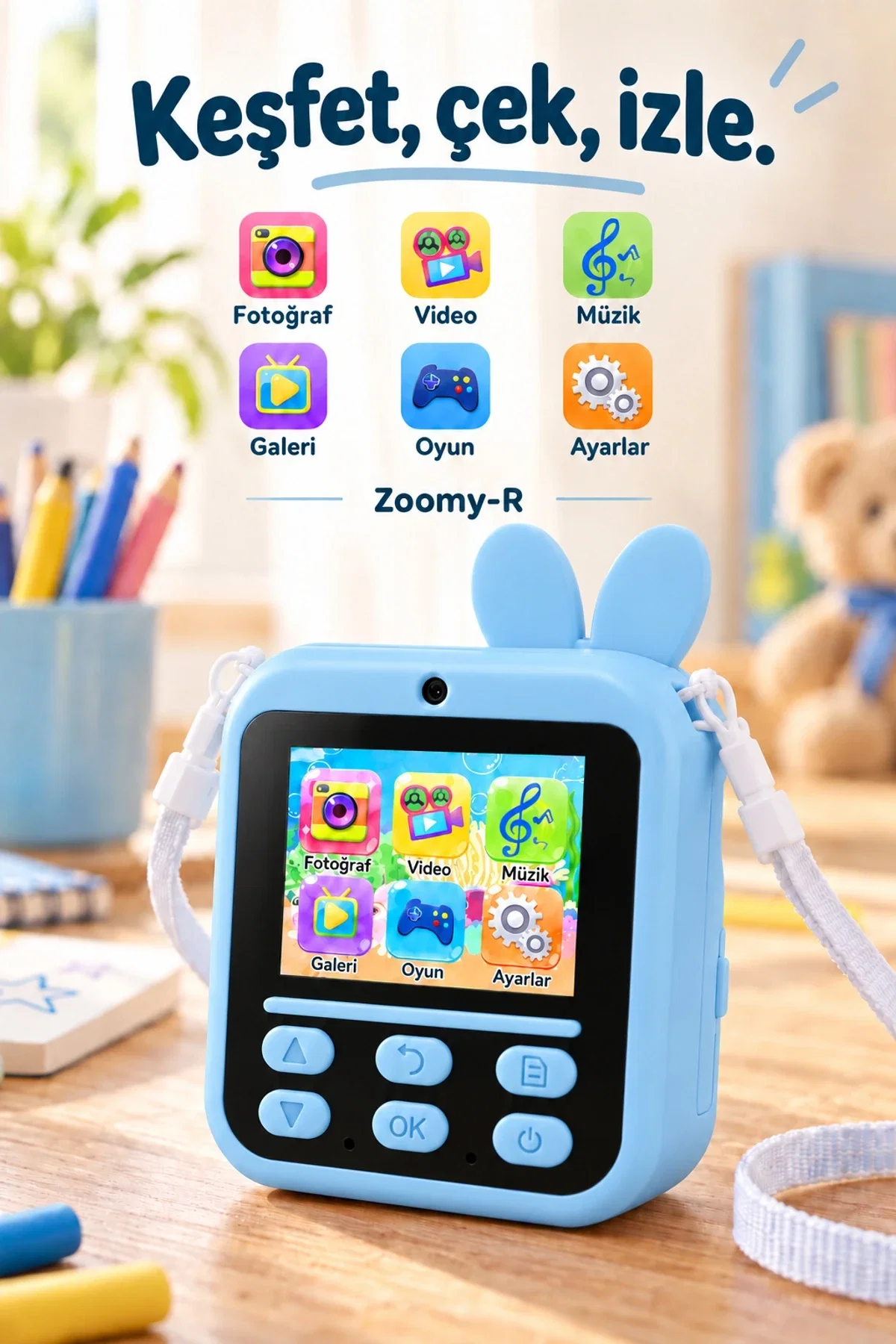 KATJMER KJ/ZM-003 ZOOMY-R TAVŞAN FİGÜRLÜ ANINDA BASKILI ÇOCUK KAMERASI - MAVİ - Görsel 4