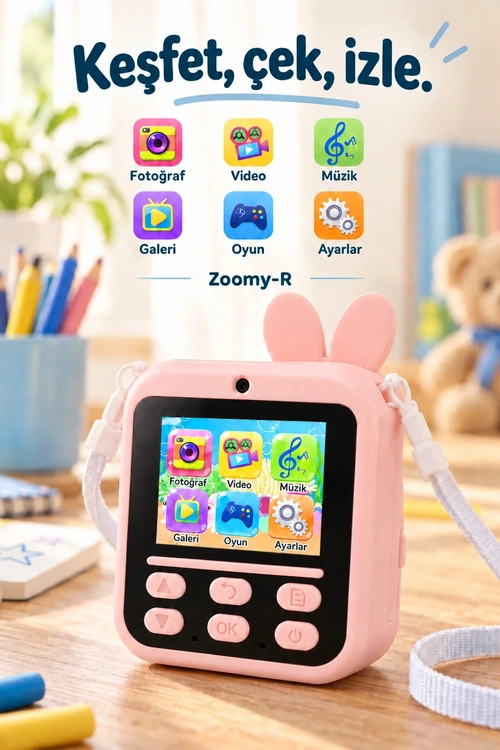 KATJMER KJ/ZM-003 ZOOMY-R TAVŞAN FİGÜRLÜ ANINDA BASKILI ÇOCUK KAMERASI - PEMBE - Görsel 4