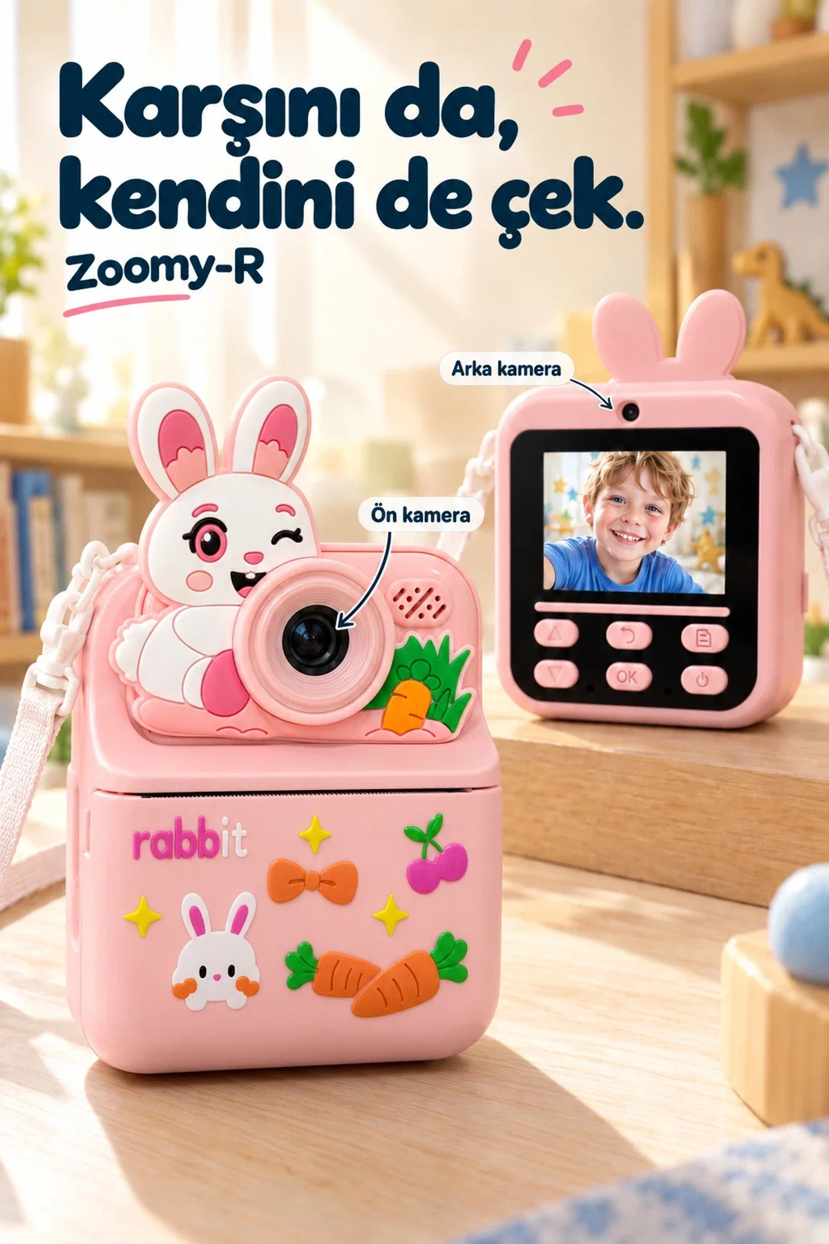 KATJMER KJ/ZM-003 ZOOMY-R TAVŞAN FİGÜRLÜ ANINDA BASKILI ÇOCUK KAMERASI - PEMBE - Görsel 3