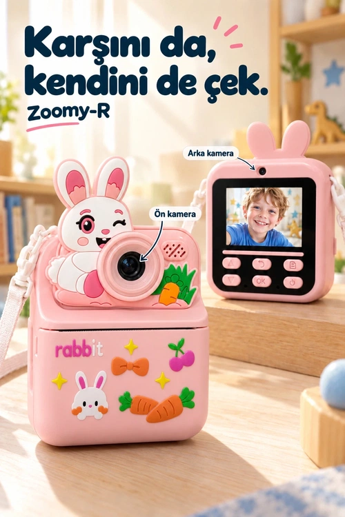 KATJMER KJ/ZM-003 ZOOMY-R TAVŞAN FİGÜRLÜ ANINDA BASKILI ÇOCUK KAMERASI - PEMBE - Görsel 3