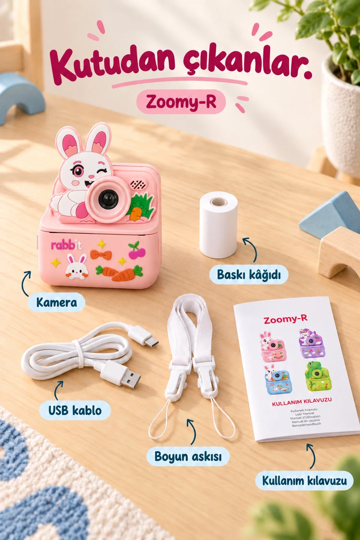 KATJMER KJ/ZM-003 ZOOMY-R TAVŞAN FİGÜRLÜ ANINDA BASKILI ÇOCUK KAMERASI - PEMBE - Görsel 7