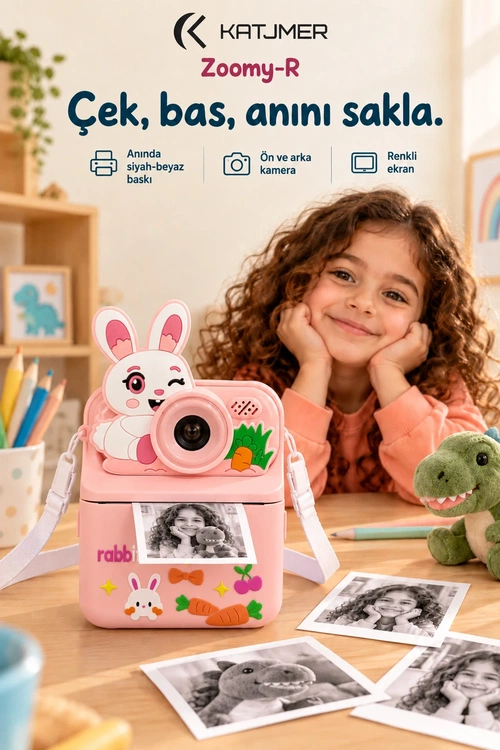 KATJMER KJ/ZM-003 ZOOMY-R TAVŞAN FİGÜRLÜ ANINDA BASKILI ÇOCUK KAMERASI - PEMBE - Görsel 1