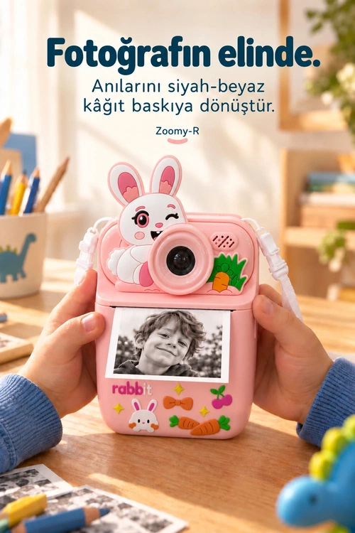 KATJMER KJ/ZM-003 ZOOMY-R TAVŞAN FİGÜRLÜ ANINDA BASKILI ÇOCUK KAMERASI - PEMBE - Görsel 2