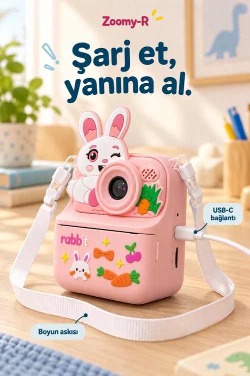 KATJMER KJ/ZM-003 ZOOMY-R TAVŞAN FİGÜRLÜ ANINDA BASKILI ÇOCUK KAMERASI - PEMBE - Görsel 6