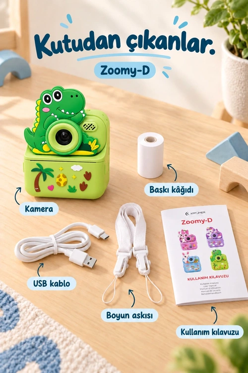 KATJMER KJ/ZM-002 ZOOMY-D DİNOZOR FİGÜRLÜ ANINDA BASKILI ÇOCUK KAMERASI - YEŞİL - Görsel 7