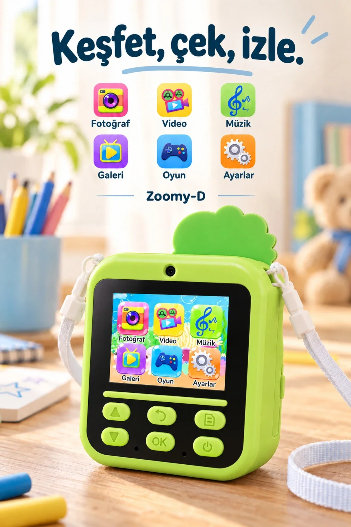 KATJMER KJ/ZM-002 ZOOMY-D DİNOZOR FİGÜRLÜ ANINDA BASKILI ÇOCUK KAMERASI - YEŞİL - Görsel 4
