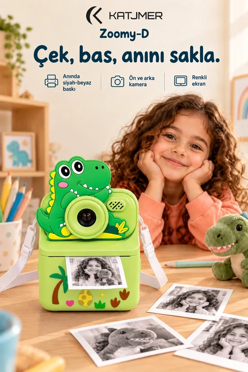 KATJMER KJ/ZM-002 ZOOMY-D DİNOZOR FİGÜRLÜ ANINDA BASKILI ÇOCUK KAMERASI - YEŞİL - Görsel 1