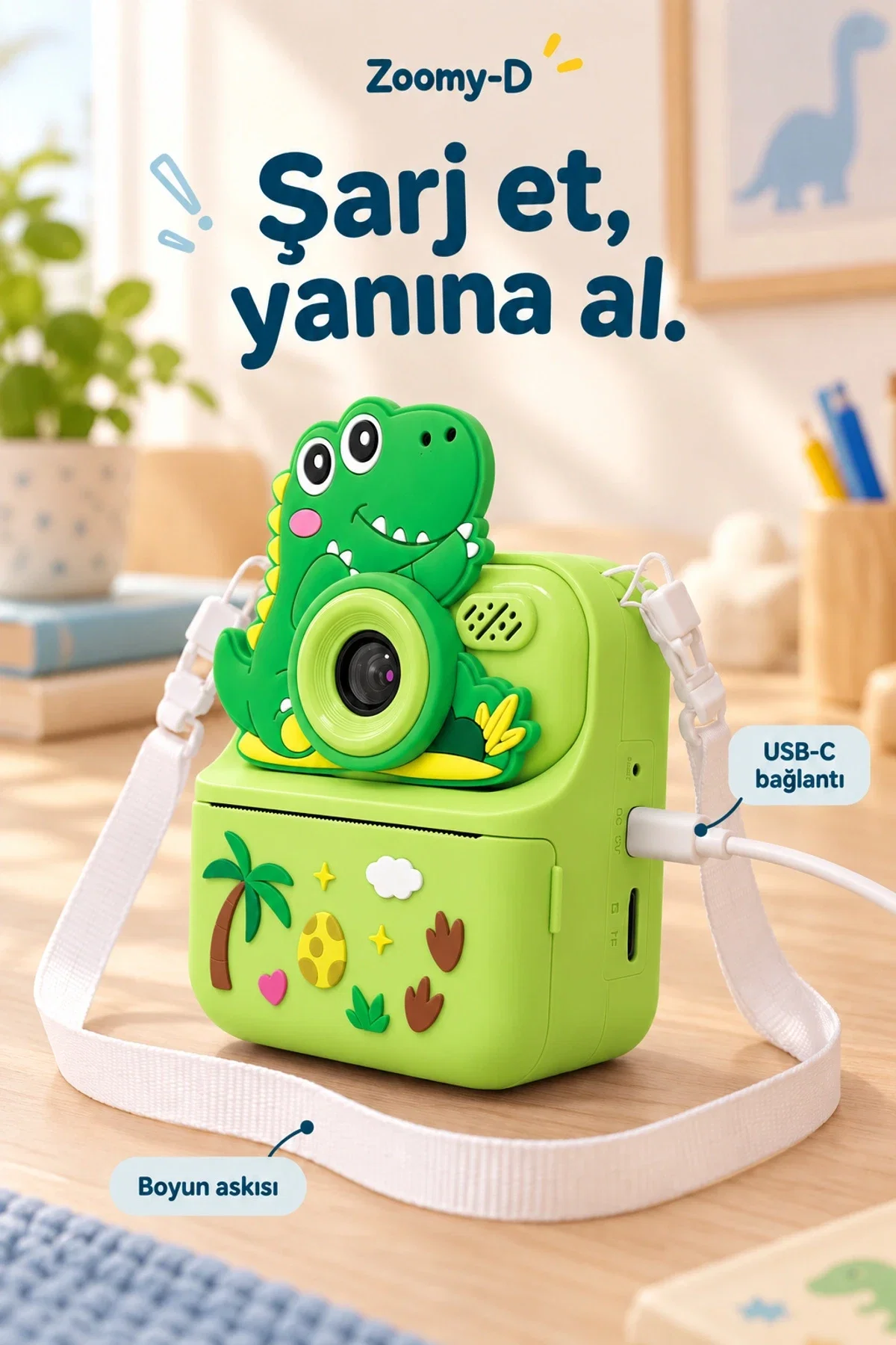 KATJMER KJ/ZM-002 ZOOMY-D DİNOZOR FİGÜRLÜ ANINDA BASKILI ÇOCUK KAMERASI - YEŞİL - Görsel 6